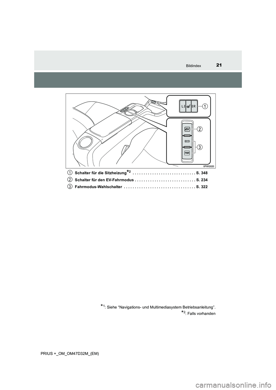 TOYOTA PRIUS PLUS 2019  Betriebsanleitungen (in German) 21Bildindex
PRIUS +_OM_OM47D32M_(EM)Schalter für die Sitzheizung
*2 . . . . . . . . . . . . . . . . . . . . . . . . . . . . . S. 348
Schalter für den EV-Fahrmodus . . . . . . . . . . . . . . . . . .