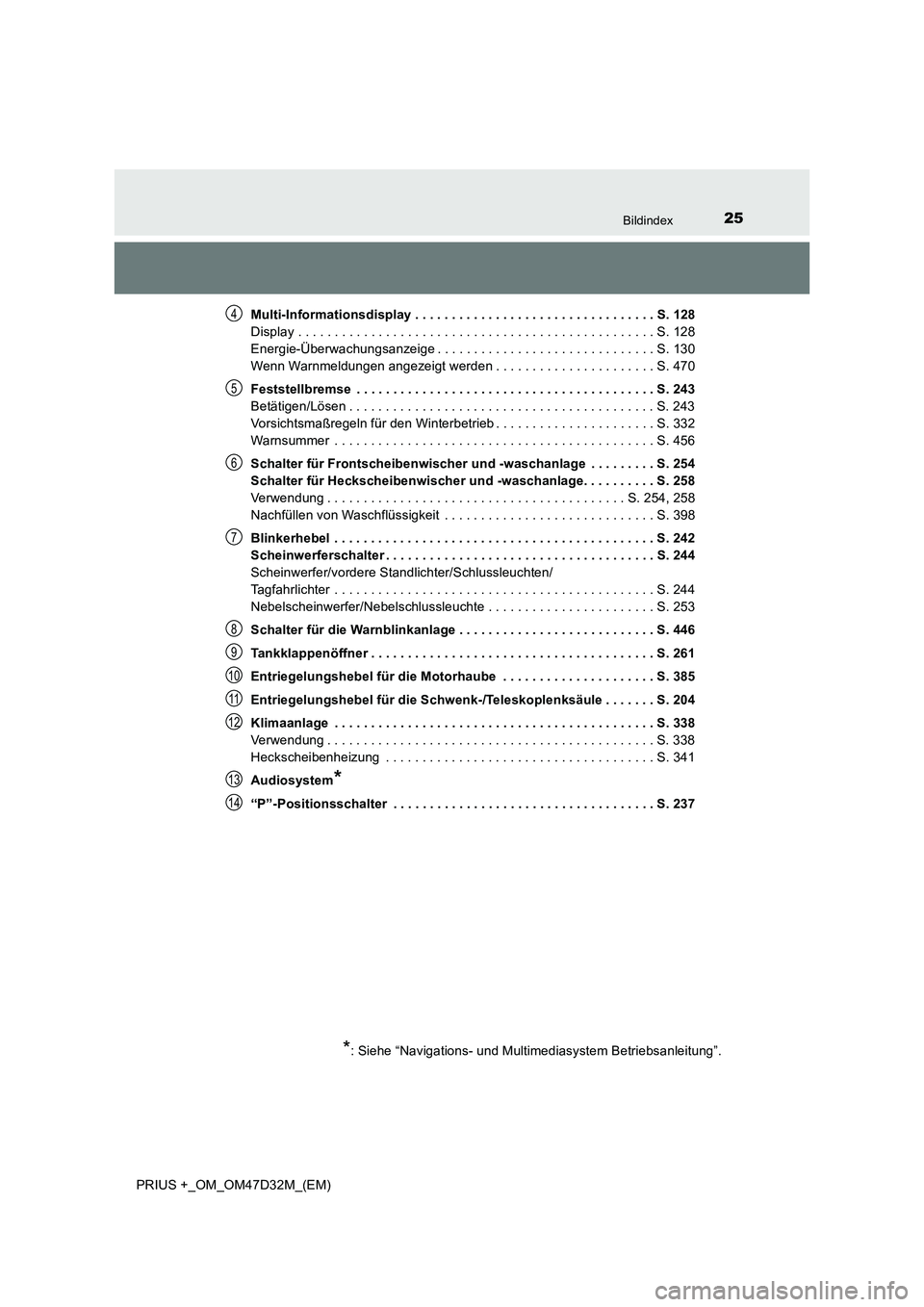 TOYOTA PRIUS PLUS 2019  Betriebsanleitungen (in German) 25Bildindex
PRIUS +_OM_OM47D32M_(EM)Multi-Informationsdisplay . . . . . . . . . . . . . . . . . . . . . . . . . . . . . . . . . S. 128
Display . . . . . . . . . . . . . . . . . . . . . . . . . . . . .