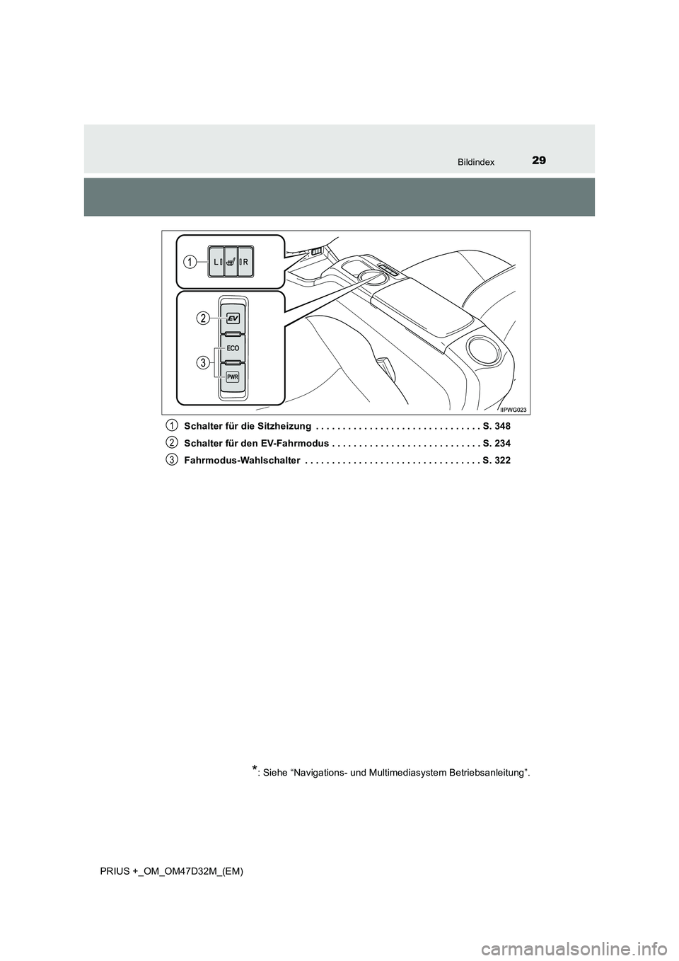 TOYOTA PRIUS PLUS 2019  Betriebsanleitungen (in German) 29Bildindex
PRIUS +_OM_OM47D32M_(EM)Schalter für die Sitzheizung  . . . . . . . . . . . . . . . . . . . . . . . . . . . . . . . S. 348
Schalter für den EV-Fahrmodus . . . . . . . . . . . . . . . . .