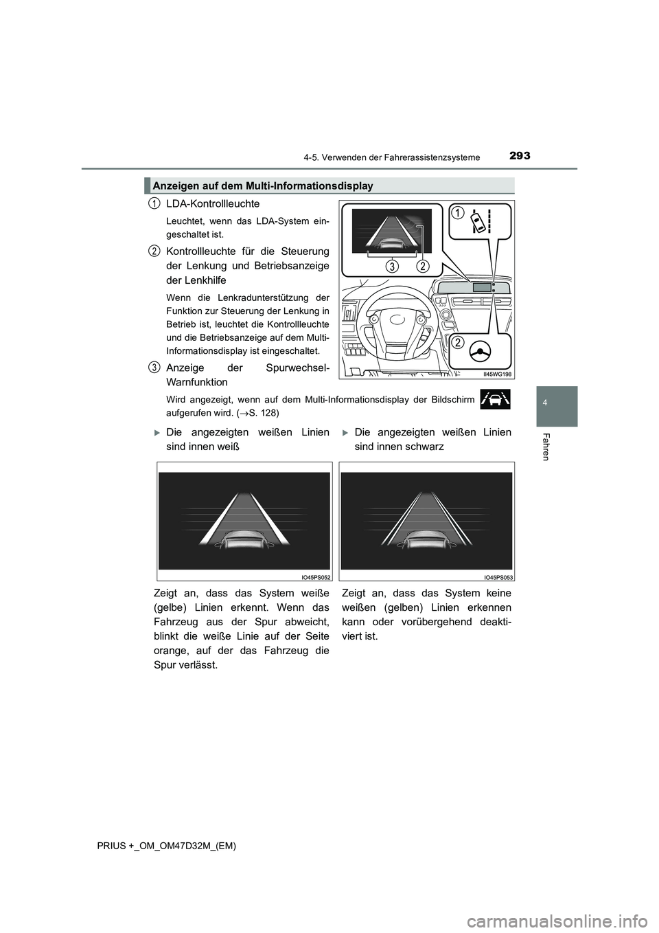 TOYOTA PRIUS PLUS 2019 Betriebsanleitungen (in German) 2934-5. Verwenden der Fahrerassistenzsysteme
4
Fahren
PRIUS +_OM_OM47D32M_(EM)
LDA-Kontrollleuchte
Leuchtet, wenn das LDA-System ein-
geschaltet ist.
Kontrollleuchte für die Steuerung
der Lenkung und TOYOTA PRIUS PLUS 2019 Betriebsanleitungen (in German) 2934-5. Verwenden der Fahrerassistenzsysteme
4
Fahren
PRIUS +_OM_OM47D32M_(EM)
LDA-Kontrollleuchte
Leuchtet, wenn das LDA-System ein-
geschaltet ist.
Kontrollleuchte für die Steuerung
der Lenkung und