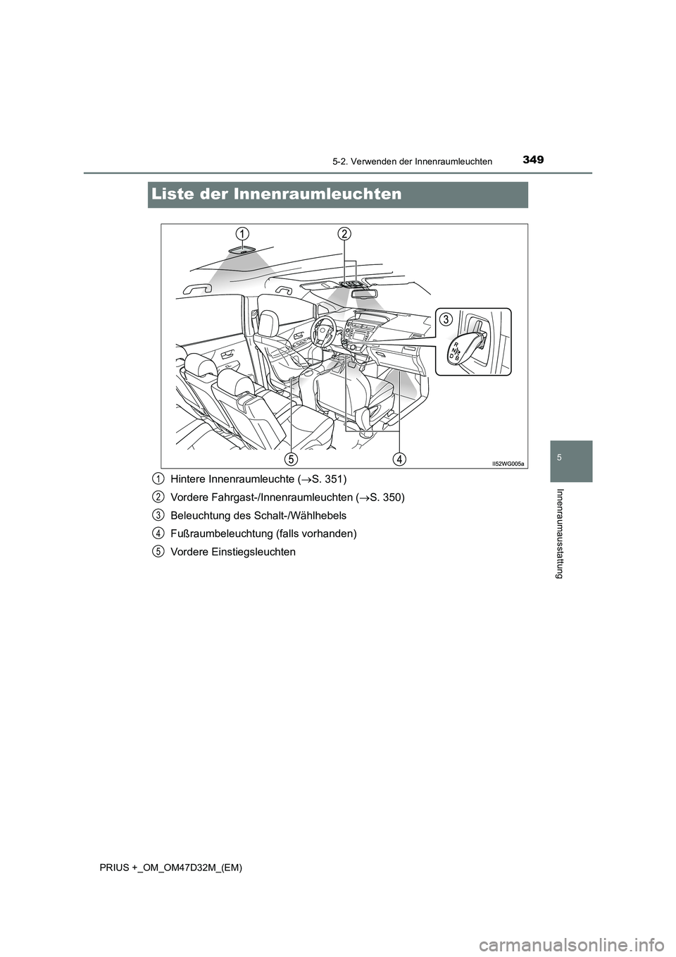 TOYOTA PRIUS PLUS 2019 Betriebsanleitungen (in German) 3495-2. Verwenden der Innenraumleuchten
PRIUS +_OM_OM47D32M_(EM)
5
Innenraumausstattung
Liste der Innenraumleuchten
Hintere Innenraumleuchte (S. 351)
Vordere Fahrgast-/Innenraumleuchten ( S. 35 TOYOTA PRIUS PLUS 2019 Betriebsanleitungen (in German) 3495-2. Verwenden der Innenraumleuchten
PRIUS +_OM_OM47D32M_(EM)
5
Innenraumausstattung
Liste der Innenraumleuchten
Hintere Innenraumleuchte (S. 351)
Vordere Fahrgast-/Innenraumleuchten ( S. 35