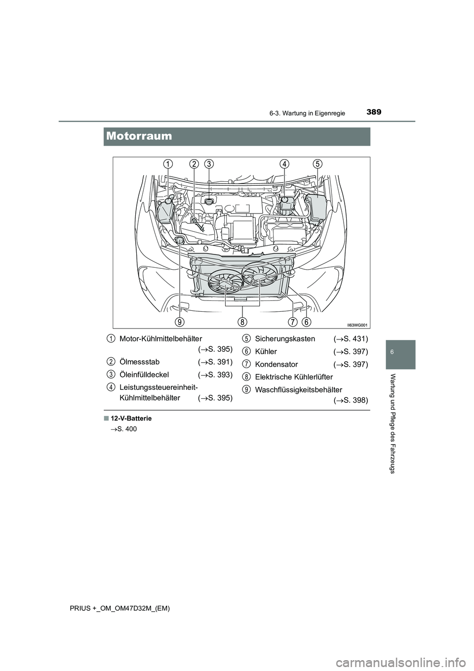 TOYOTA PRIUS PLUS 2019  Betriebsanleitungen (in German) 3896-3. Wartung in Eigenregie
PRIUS +_OM_OM47D32M_(EM)
6
Wartung und Pflege des Fahrzeugs
Motorraum
■12-V-Batterie
S. 400
Motor-Kühlmittelbehälter 
(S. 395)
Ölmessstab (S. 391)
Öleinfü