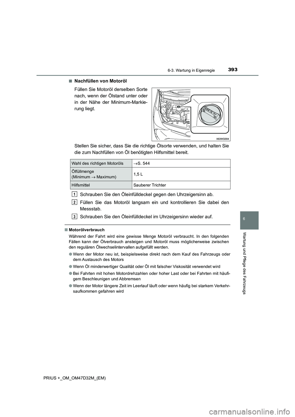 TOYOTA PRIUS PLUS 2019  Betriebsanleitungen (in German) 3936-3. Wartung in Eigenregie
PRIUS +_OM_OM47D32M_(EM)
6
Wartung und Pflege des Fahrzeugs
■Nachfüllen von Motoröl
Füllen Sie Motoröl derselben Sorte
nach, wenn der Ölstand unter oder
in der Nä