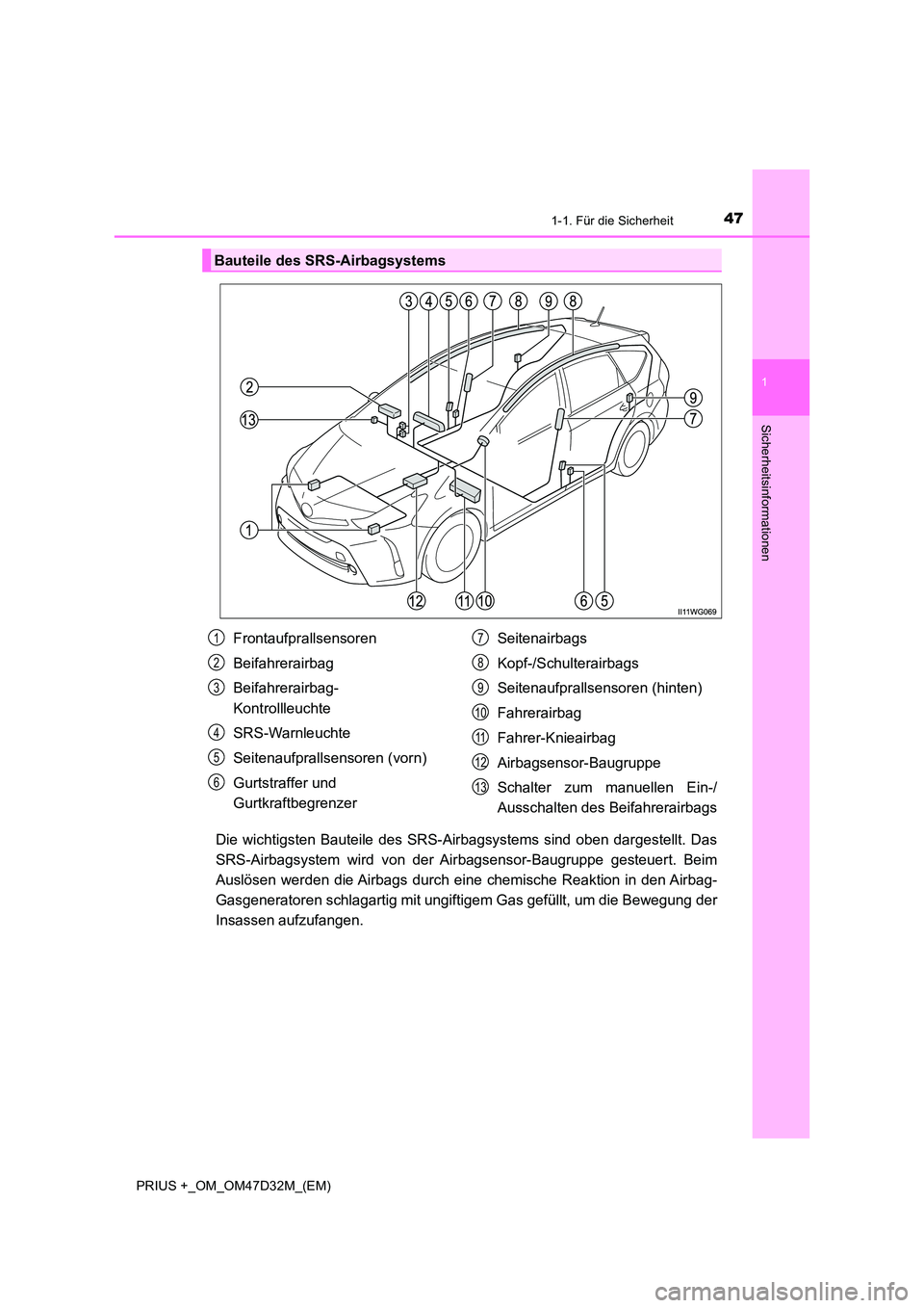 TOYOTA PRIUS PLUS 2019  Betriebsanleitungen (in German) 471-1. Für die Sicherheit
1
PRIUS +_OM_OM47D32M_(EM)
Sicherheitsinformationen
Die wichtigsten Bauteile des SRS-Airbagsystems sind oben dargestellt. Das 
SRS-Airbagsystem wird von der Airbagsensor-Bau