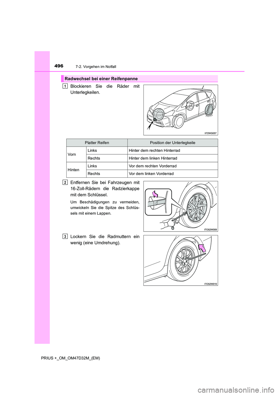 TOYOTA PRIUS PLUS 2019  Betriebsanleitungen (in German) 4967-2. Vorgehen im Notfall
PRIUS +_OM_OM47D32M_(EM)
Blockieren Sie die Räder mit 
Unterlegkeilen. 
Entfernen Sie bei Fahrzeugen mit 
16-Zoll-Rädern die Radzierkappe 
mit dem Schlüssel.
Um Beschäd