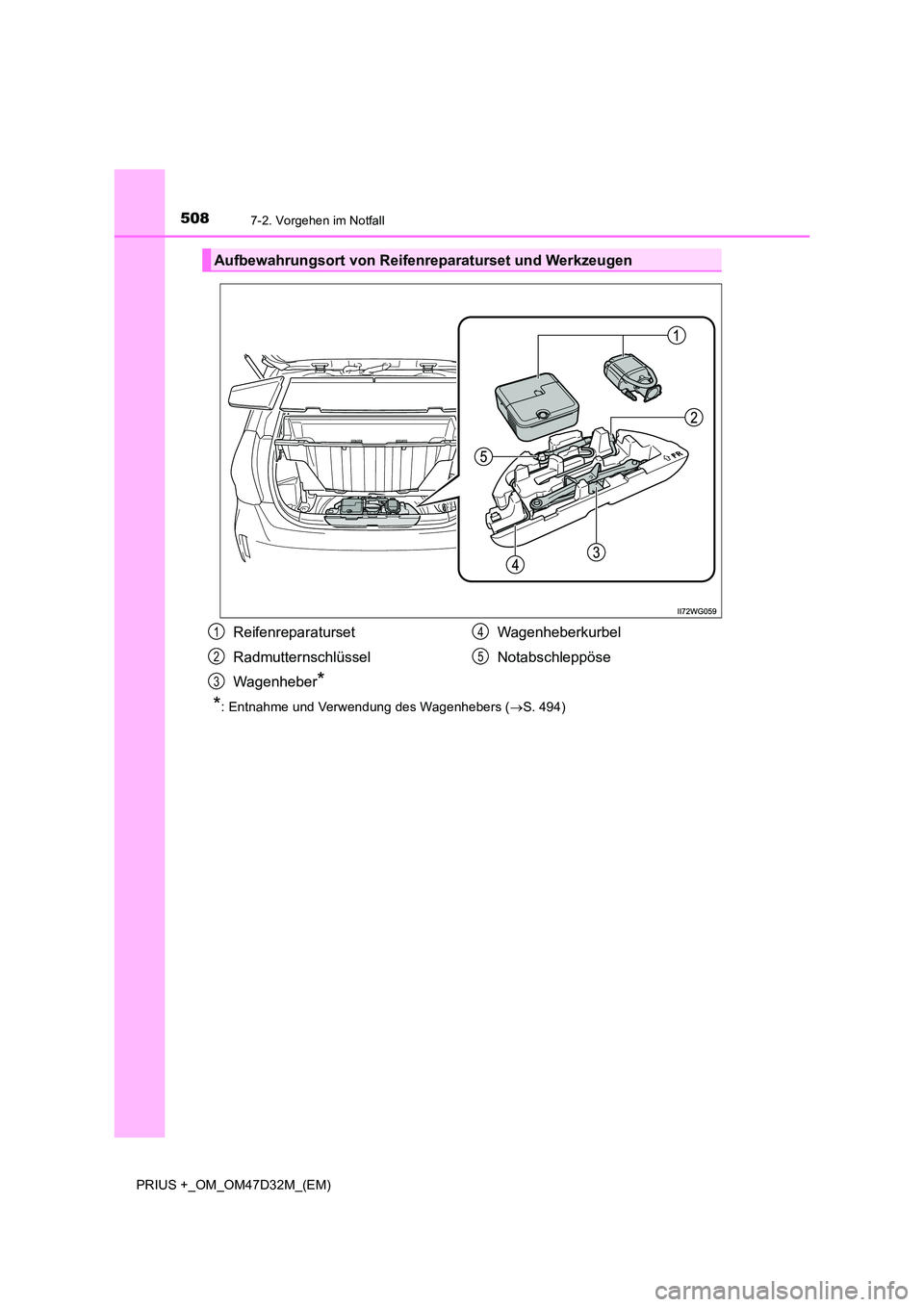TOYOTA PRIUS PLUS 2019 Betriebsanleitungen (in German) 5087-2. Vorgehen im Notfall
PRIUS +_OM_OM47D32M_(EM)
*: Entnahme und Verwendung des Wagenhebers (S. 494)
Aufbewahrungsort von Reifenreparaturset und Werkzeugen
Reifenreparaturset
Radmutternschlüs TOYOTA PRIUS PLUS 2019 Betriebsanleitungen (in German) 5087-2. Vorgehen im Notfall
PRIUS +_OM_OM47D32M_(EM)
*: Entnahme und Verwendung des Wagenhebers (S. 494)
Aufbewahrungsort von Reifenreparaturset und Werkzeugen
Reifenreparaturset
Radmutternschlüs