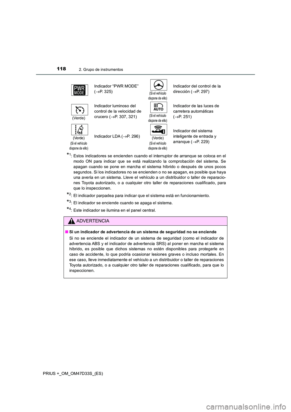 TOYOTA PRIUS PLUS 2019 Manual del propietario (in Spanish) 1182. Grupo de instrumentos
PRIUS +_OM_OM47D33S_(ES)
*1: Estos indicadores se encienden cuando el interruptor de arranque se coloca en el
modo ON para indicar que se está realizando la comprobación TOYOTA PRIUS PLUS 2019 Manual del propietario (in Spanish) 1182. Grupo de instrumentos
PRIUS +_OM_OM47D33S_(ES)
*1: Estos indicadores se encienden cuando el interruptor de arranque se coloca en el
modo ON para indicar que se está realizando la comprobación