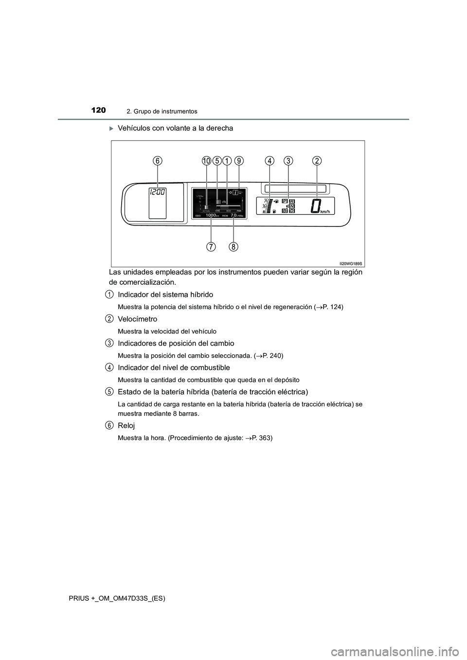TOYOTA PRIUS PLUS 2019 Manual del propietario (in Spanish) 1202. Grupo de instrumentos
PRIUS +_OM_OM47D33S_(ES)
Vehículos con volante a la derecha
Las unidades empleadas por los instrumentos pueden variar según la región
de comercialización.
Indicador TOYOTA PRIUS PLUS 2019 Manual del propietario (in Spanish) 1202. Grupo de instrumentos
PRIUS +_OM_OM47D33S_(ES)
Vehículos con volante a la derecha
Las unidades empleadas por los instrumentos pueden variar según la región
de comercialización.
Indicador