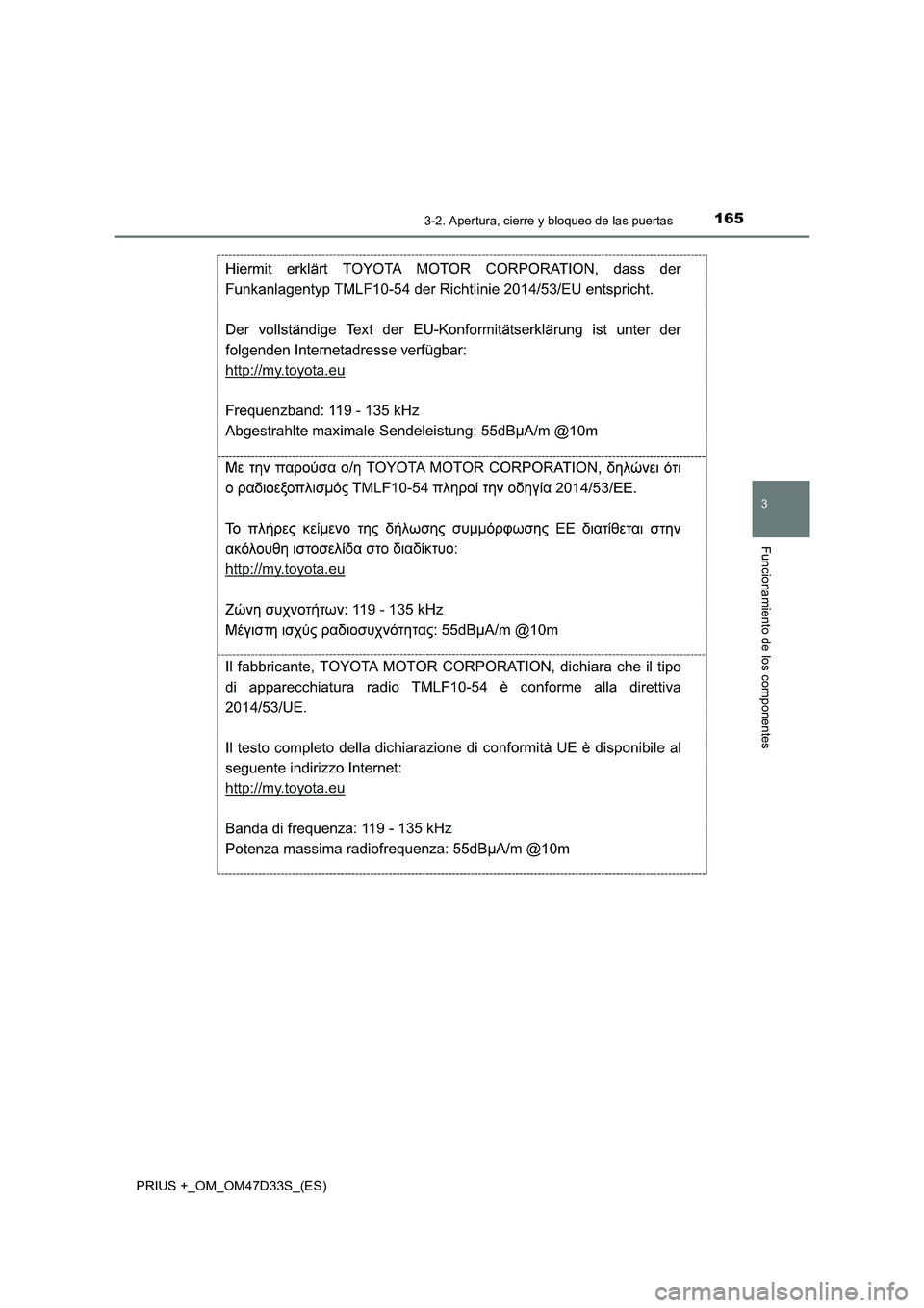 TOYOTA PRIUS PLUS 2019  Manual del propietario (in Spanish) 1653-2. Apertura, cierre y bloqueo de las puertas
3
Funcionamiento de los componentes
PRIUS +_OM_OM47D33S_(ES) 
