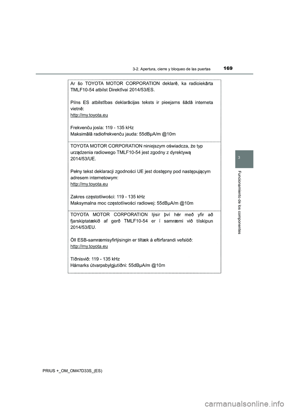 TOYOTA PRIUS PLUS 2019  Manual del propietario (in Spanish) 1693-2. Apertura, cierre y bloqueo de las puertas
3
Funcionamiento de los componentes
PRIUS +_OM_OM47D33S_(ES) 