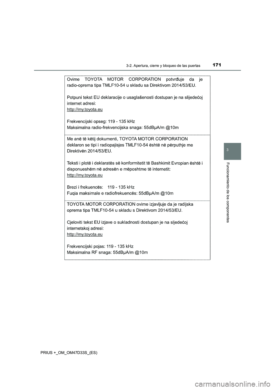 TOYOTA PRIUS PLUS 2019  Manual del propietario (in Spanish) 1713-2. Apertura, cierre y bloqueo de las puertas
3
Funcionamiento de los componentes
PRIUS +_OM_OM47D33S_(ES) 