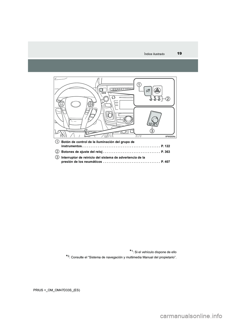 TOYOTA PRIUS PLUS 2019  Manual del propietario (in Spanish) 19Índice ilustrado
PRIUS +_OM_OM47D33S_(ES) 
Botón de control de la iluminación del grupo de  
instrumentos. . . . . . . . . . . . . . . . . . . . . . . . . . . . . . . . . . . . . . . . . . . .  P