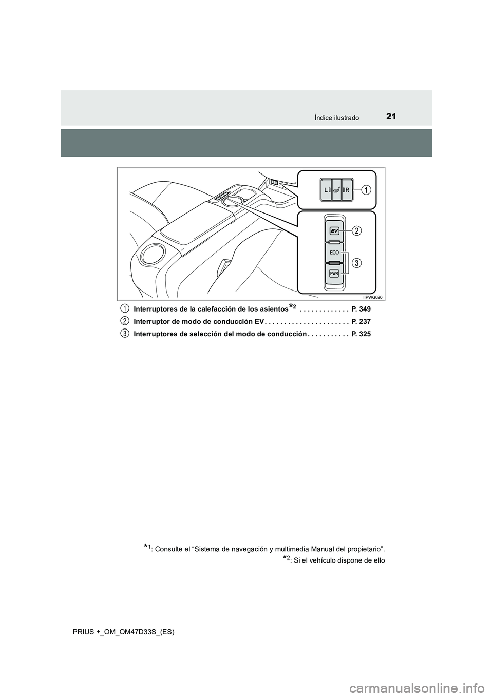 TOYOTA PRIUS PLUS 2019  Manual del propietario (in Spanish) 21Índice ilustrado
PRIUS +_OM_OM47D33S_(ES)Interruptores de la calefacción de los asientos
*2 . . . . . . . . . . . . .  P. 349
Interruptor de modo de conducción EV . . . . . . . . . . . . . . . . 