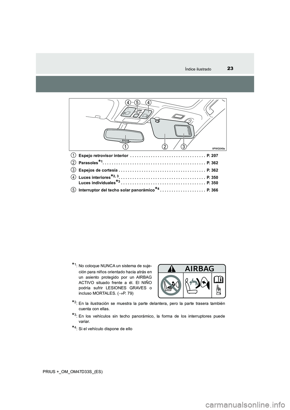 TOYOTA PRIUS PLUS 2019  Manual del propietario (in Spanish) 23Índice ilustrado
PRIUS +_OM_OM47D33S_(ES) 
Espejo retrovisor interior  . . . . . . . . . . . . . . . . . . . . . . . . . . . . . . . . .  P. 207 
Parasoles*1. . . . . . . . . . . . . . . . . . . . 