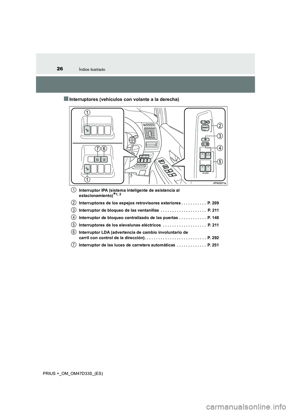 TOYOTA PRIUS PLUS 2019  Manual del propietario (in Spanish) 26Índice ilustrado
PRIUS +_OM_OM47D33S_(ES)
■Interruptores (vehículos con volante a la derecha)
Interruptor IPA (sistema inteligente de asistencia al  
estacionamiento)*1, 2
Interruptores de los e