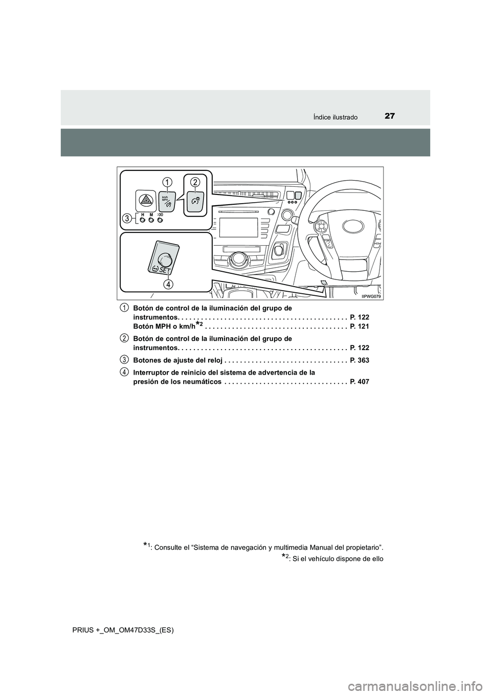 TOYOTA PRIUS PLUS 2019  Manual del propietario (in Spanish) 27Índice ilustrado
PRIUS +_OM_OM47D33S_(ES) 
Botón de control de la iluminación del grupo de  
instrumentos. . . . . . . . . . . . . . . . . . . . . . . . . . . . . . . . . . . . . . . . . . . .  P