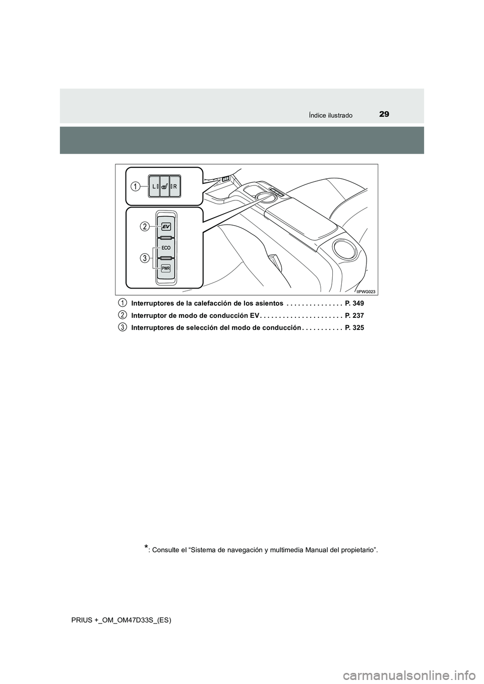 TOYOTA PRIUS PLUS 2019  Manual del propietario (in Spanish) 29Índice ilustrado
PRIUS +_OM_OM47D33S_(ES)Interruptores de la calefacción de los asientos  . . . . . . . . . . . . . . .  P. 349
Interruptor de modo de conducción EV . . . . . . . . . . . . . . . 