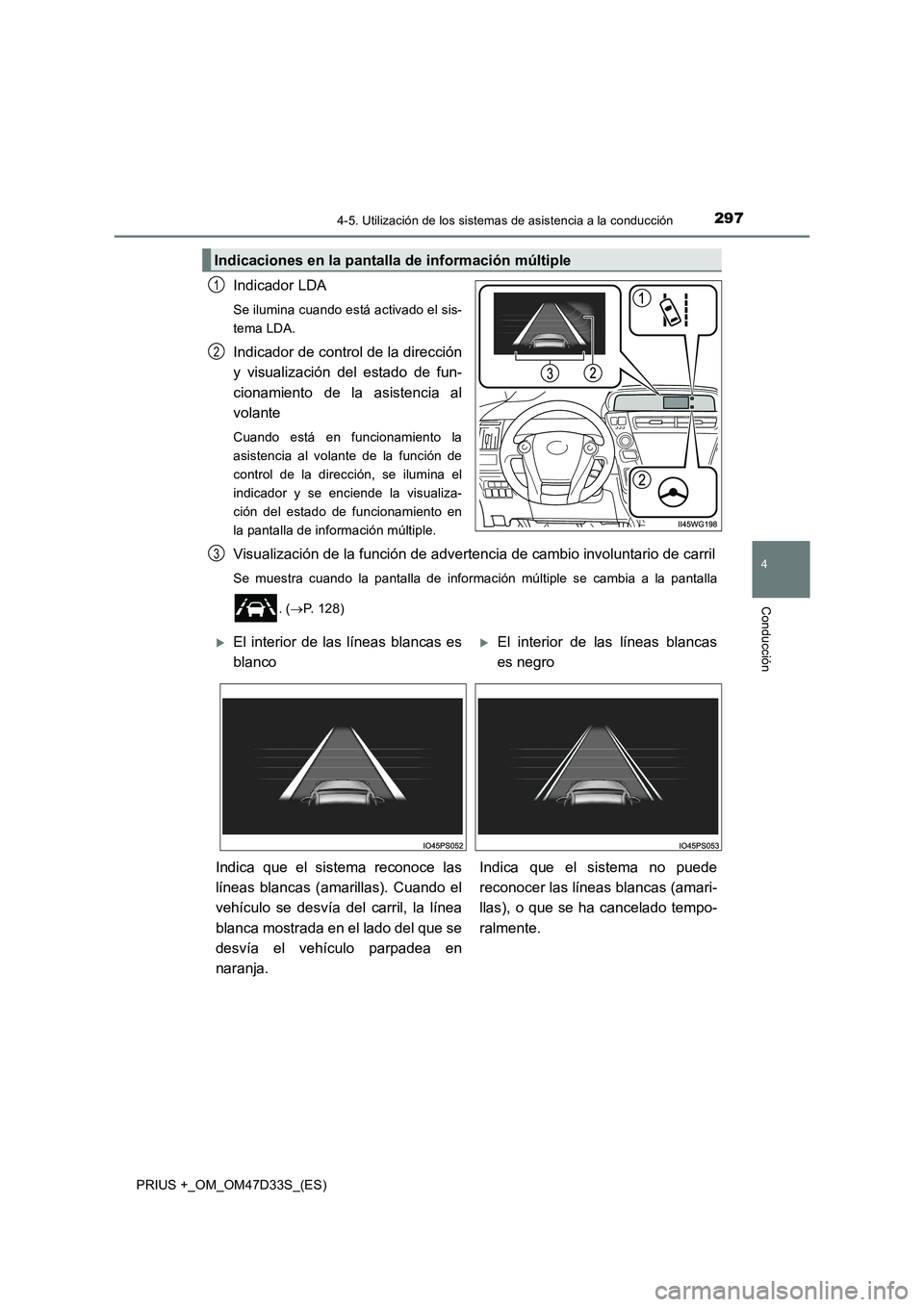TOYOTA PRIUS PLUS 2019  Manual del propietario (in Spanish) 2974-5. Utilización de los sistemas de asistencia a la conducción
4
Conducción
PRIUS +_OM_OM47D33S_(ES)
Indicador LDA
Se ilumina cuando está activado el sis-
tema LDA.
Indicador de control de la d