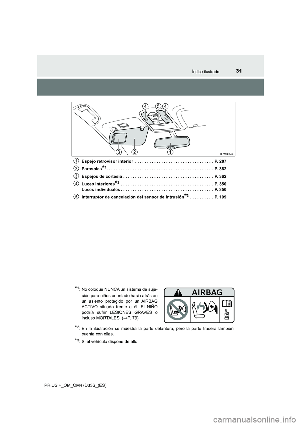 TOYOTA PRIUS PLUS 2019  Manual del propietario (in Spanish) 31Índice ilustrado
PRIUS +_OM_OM47D33S_(ES) 
Espejo retrovisor interior  . . . . . . . . . . . . . . . . . . . . . . . . . . . . . . . . .  P. 207 
Parasoles*1. . . . . . . . . . . . . . . . . . . . 