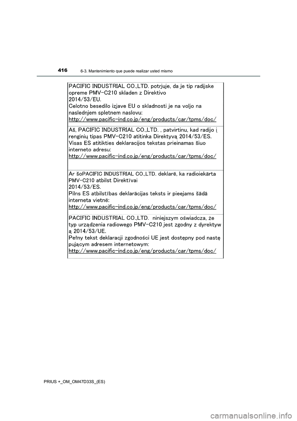 TOYOTA PRIUS PLUS 2019  Manual del propietario (in Spanish) 4166-3. Mantenimiento que puede realizar usted mismo
PRIUS +_OM_OM47D33S_(ES) 