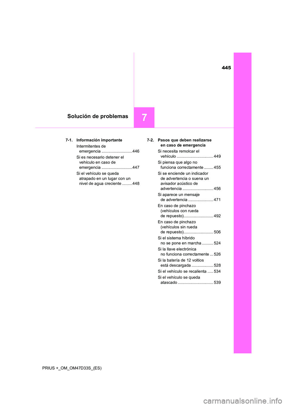 TOYOTA PRIUS PLUS 2019  Manual del propietario (in Spanish) 445
7Solución de problemas
PRIUS +_OM_OM47D33S_(ES) 
7-1. Información importante 
Intermitentes de  
emergencia ...........................446 
Si es necesario detener el  
vehículo en caso de  
em