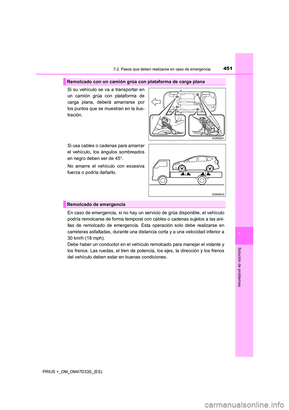 TOYOTA PRIUS PLUS 2019 Manual del propietario (in Spanish) 4517-2. Pasos que deben realizarse en caso de emergencia
PRIUS +_OM_OM47D33S_(ES)
7
Solución de problemas
Si su vehículo se va a transportar en
un camión grúa con plataforma de
carga plana, deber TOYOTA PRIUS PLUS 2019 Manual del propietario (in Spanish) 4517-2. Pasos que deben realizarse en caso de emergencia
PRIUS +_OM_OM47D33S_(ES)
7
Solución de problemas
Si su vehículo se va a transportar en
un camión grúa con plataforma de
carga plana, deber