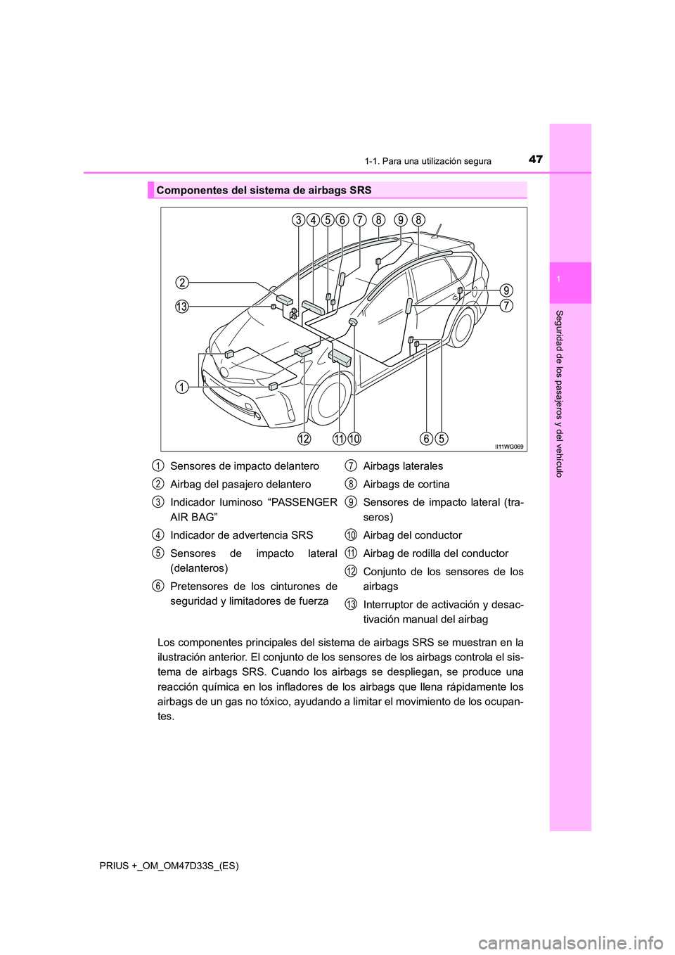TOYOTA PRIUS PLUS 2019 Manual del propietario (in Spanish) 471-1. Para una utilización segura
1
PRIUS +_OM_OM47D33S_(ES)
Seguridad de los pasajeros y del vehículo
Los componentes principales del sistema de airbags SRS se muestran en la
ilustración anterio TOYOTA PRIUS PLUS 2019 Manual del propietario (in Spanish) 471-1. Para una utilización segura
1
PRIUS +_OM_OM47D33S_(ES)
Seguridad de los pasajeros y del vehículo
Los componentes principales del sistema de airbags SRS se muestran en la
ilustración anterio