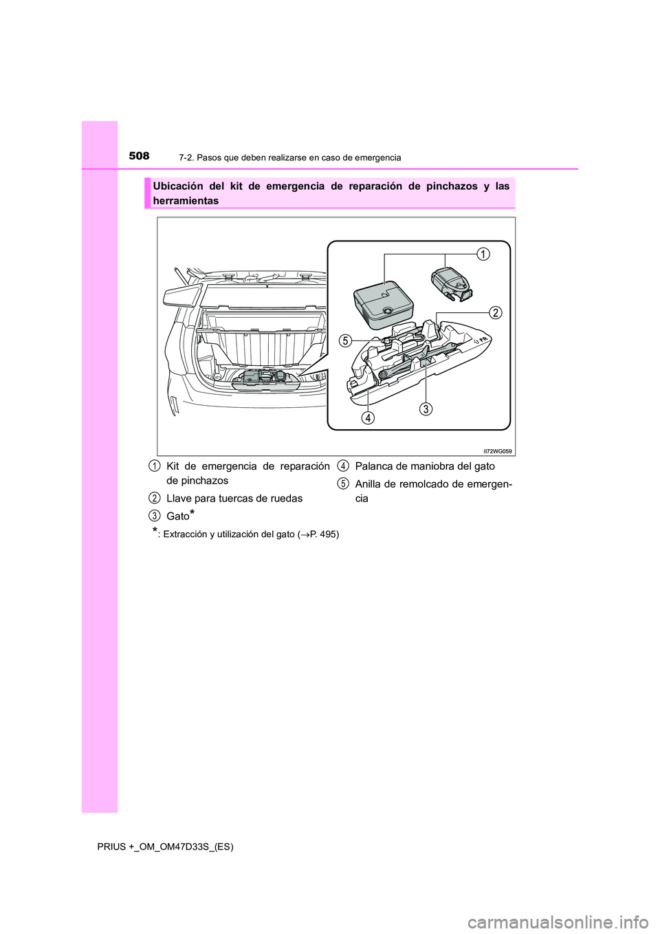 TOYOTA PRIUS PLUS 2019 Manual del propietario (in Spanish) 5087-2. Pasos que deben realizarse en caso de emergencia
PRIUS +_OM_OM47D33S_(ES)
*: Extracción y utilización del gato (P. 495)
Ubicación del kit de emergencia de reparación de pinchazos y las TOYOTA PRIUS PLUS 2019 Manual del propietario (in Spanish) 5087-2. Pasos que deben realizarse en caso de emergencia
PRIUS +_OM_OM47D33S_(ES)
*: Extracción y utilización del gato (P. 495)
Ubicación del kit de emergencia de reparación de pinchazos y las