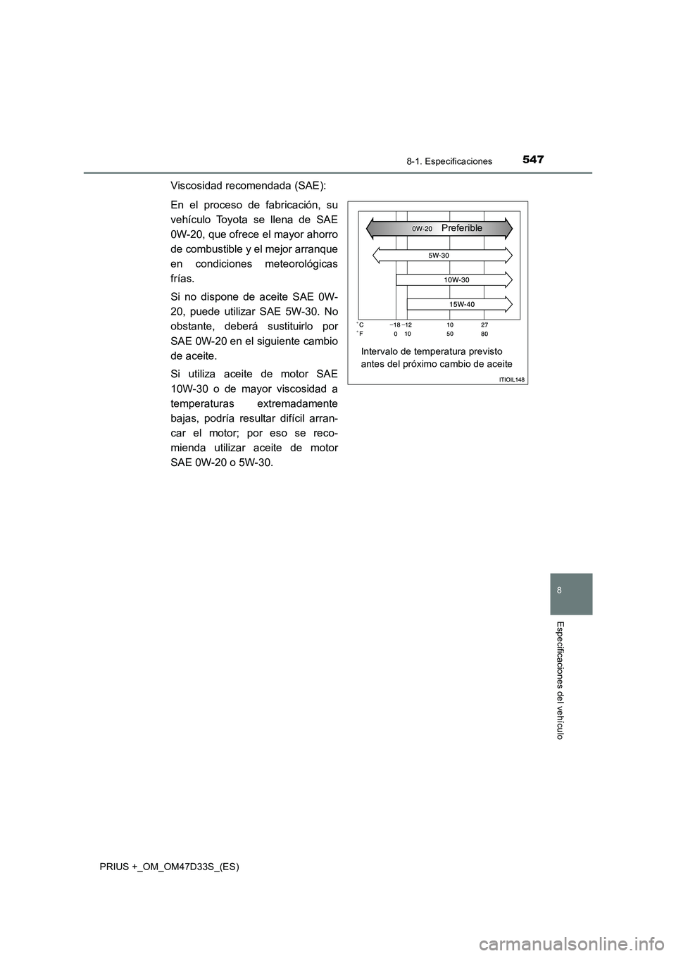 TOYOTA PRIUS PLUS 2019  Manual del propietario (in Spanish) 5478-1. Especificaciones
PRIUS +_OM_OM47D33S_(ES)
8
Especificaciones del vehículo
Viscosidad recomendada (SAE):
En el proceso de fabricación, su
vehículo Toyota se llena de SAE
0W-20, que ofrece el