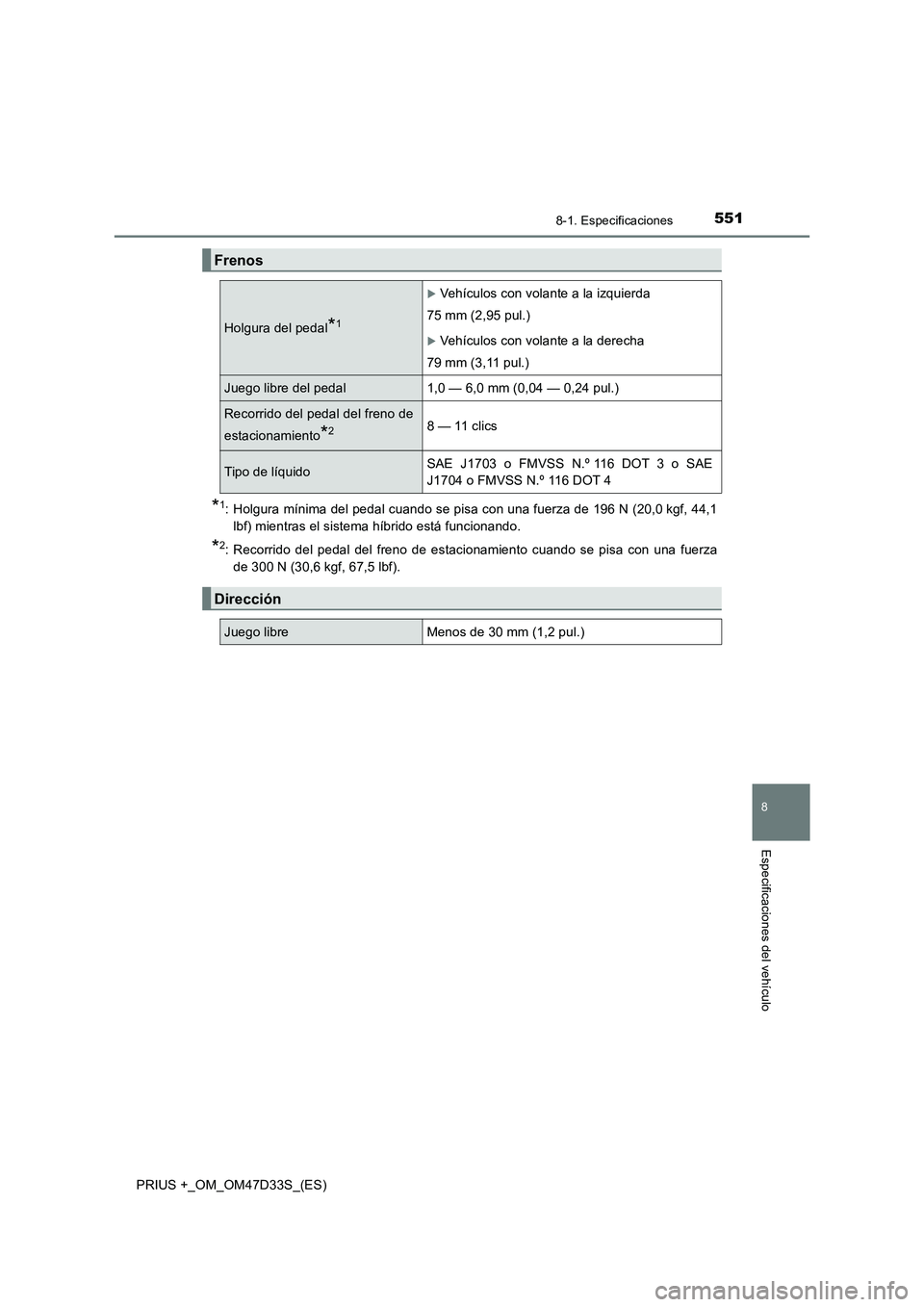 TOYOTA PRIUS PLUS 2019  Manual del propietario (in Spanish) 5518-1. Especificaciones
PRIUS +_OM_OM47D33S_(ES)
8
Especificaciones del vehículo
*1: Holgura mínima del pedal cuando se pisa con una fuerza de 196 N (20,0 kgf, 44,1
lbf) mientras el sistema híbrid