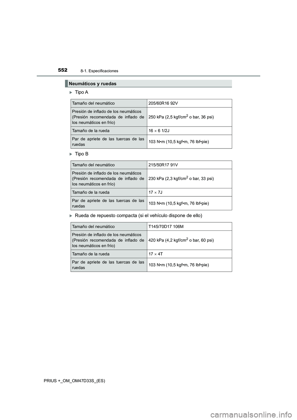 TOYOTA PRIUS PLUS 2019  Manual del propietario (in Spanish) 5528-1. Especificaciones
PRIUS +_OM_OM47D33S_(ES)
Tipo A
Tipo B
Rueda de repuesto compacta (si el vehículo dispone de ello)
Neumáticos y ruedas
Tamaño del neumático205/60R16 92V
Presión 