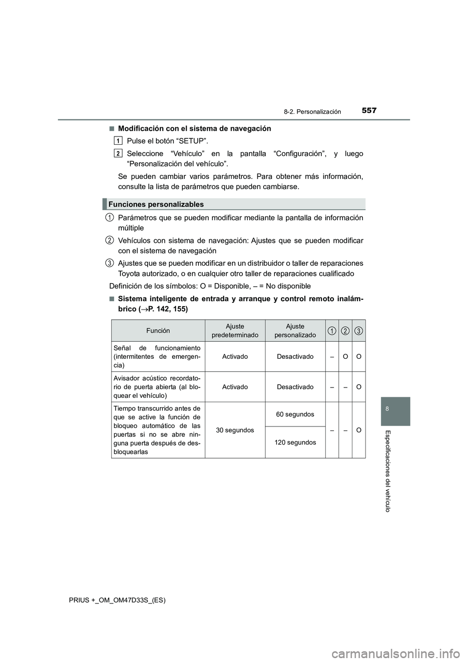 TOYOTA PRIUS PLUS 2019  Manual del propietario (in Spanish) 5578-2. Personalización
PRIUS +_OM_OM47D33S_(ES)
8
Especificaciones del vehículo
■Modificación con el sistema de navegación
Pulse el botón “SETUP”.
Seleccione “Vehículo” en la pantalla