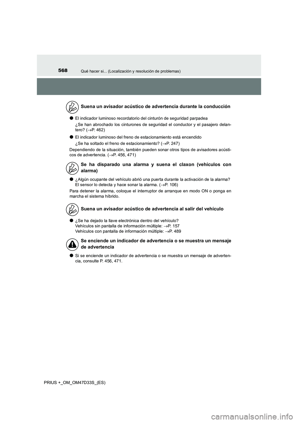 TOYOTA PRIUS PLUS 2019 Manual del propietario (in Spanish) 568Qué hacer si... (Localización y resolución de problemas)
PRIUS +_OM_OM47D33S_(ES)
●El indicador luminoso recordatorio del cinturón de seguridad parpadea
¿Se han abrochado los cinturones de s TOYOTA PRIUS PLUS 2019 Manual del propietario (in Spanish) 568Qué hacer si... (Localización y resolución de problemas)
PRIUS +_OM_OM47D33S_(ES)
●El indicador luminoso recordatorio del cinturón de seguridad parpadea
¿Se han abrochado los cinturones de s