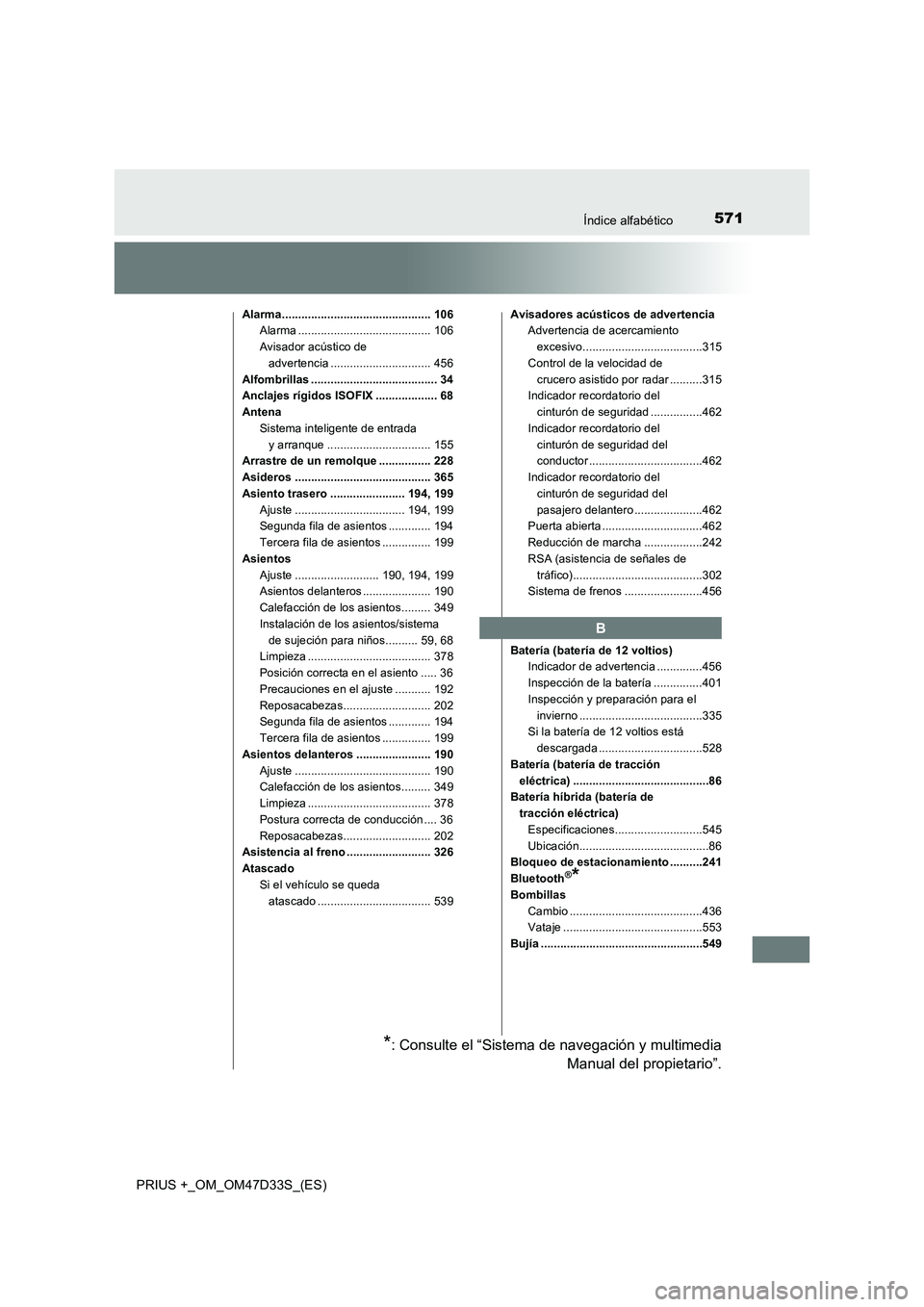 TOYOTA PRIUS PLUS 2019 Manual del propietario (in Spanish) 571Índice alfabético
PRIUS +_OM_OM47D33S_(ES)
Alarma.............................................. 106
Alarma ......................................... 106
Avisador acústico de
advertencia ....... TOYOTA PRIUS PLUS 2019 Manual del propietario (in Spanish) 571Índice alfabético
PRIUS +_OM_OM47D33S_(ES)
Alarma.............................................. 106
Alarma ......................................... 106
Avisador acústico de
advertencia .......