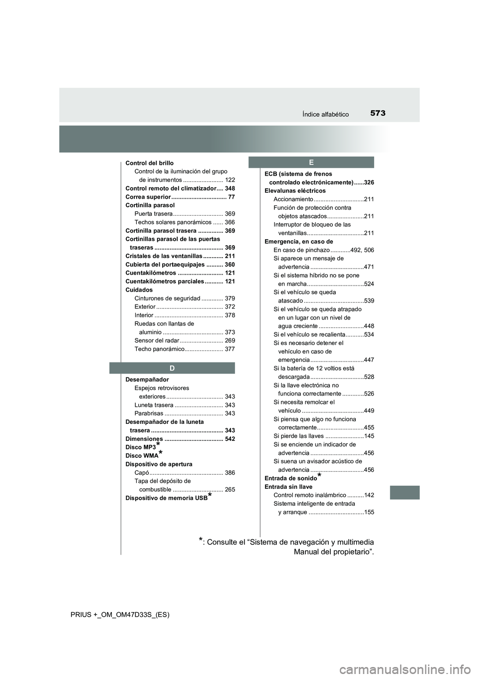 TOYOTA PRIUS PLUS 2019 Manual del propietario (in Spanish) 573Índice alfabético
PRIUS +_OM_OM47D33S_(ES)
Control del brillo
Control de la iluminación del grupo
de instrumentos ........................ 122
Control remoto del climatizador .... 348
Correa su TOYOTA PRIUS PLUS 2019 Manual del propietario (in Spanish) 573Índice alfabético
PRIUS +_OM_OM47D33S_(ES)
Control del brillo
Control de la iluminación del grupo
de instrumentos ........................ 122
Control remoto del climatizador .... 348
Correa su