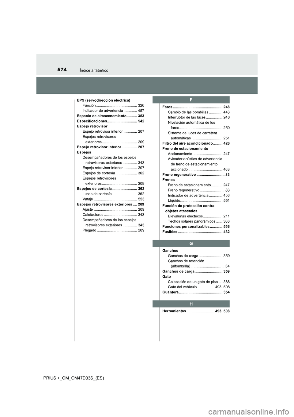 TOYOTA PRIUS PLUS 2019 Manual del propietario (in Spanish) 574Índice alfabético
PRIUS +_OM_OM47D33S_(ES)
EPS (servodirección eléctrica)
Función........................................ 326
Indicador de advertencia ............. 457
Espacio de almacenamien TOYOTA PRIUS PLUS 2019 Manual del propietario (in Spanish) 574Índice alfabético
PRIUS +_OM_OM47D33S_(ES)
EPS (servodirección eléctrica)
Función........................................ 326
Indicador de advertencia ............. 457
Espacio de almacenamien