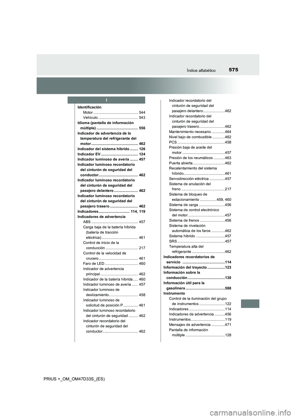 TOYOTA PRIUS PLUS 2019 Manual del propietario (in Spanish) 575Índice alfabético
PRIUS +_OM_OM47D33S_(ES)
Identificación
Motor ........................................... 544
Vehículo ...................................... 543
Idioma (pantalla de informaci TOYOTA PRIUS PLUS 2019 Manual del propietario (in Spanish) 575Índice alfabético
PRIUS +_OM_OM47D33S_(ES)
Identificación
Motor ........................................... 544
Vehículo ...................................... 543
Idioma (pantalla de informaci