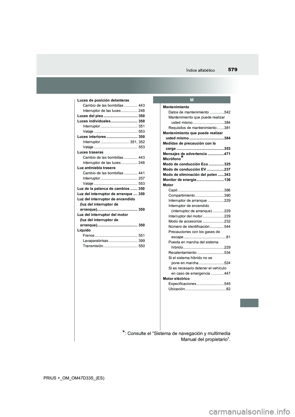 TOYOTA PRIUS PLUS 2019 Manual del propietario (in Spanish) 579Índice alfabético
PRIUS +_OM_OM47D33S_(ES)
Luces de posición delanteras
Cambio de las bombillas ............. 443
Interruptor de las luces ................ 248
Luces del piso ................... TOYOTA PRIUS PLUS 2019 Manual del propietario (in Spanish) 579Índice alfabético
PRIUS +_OM_OM47D33S_(ES)
Luces de posición delanteras
Cambio de las bombillas ............. 443
Interruptor de las luces ................ 248
Luces del piso ...................