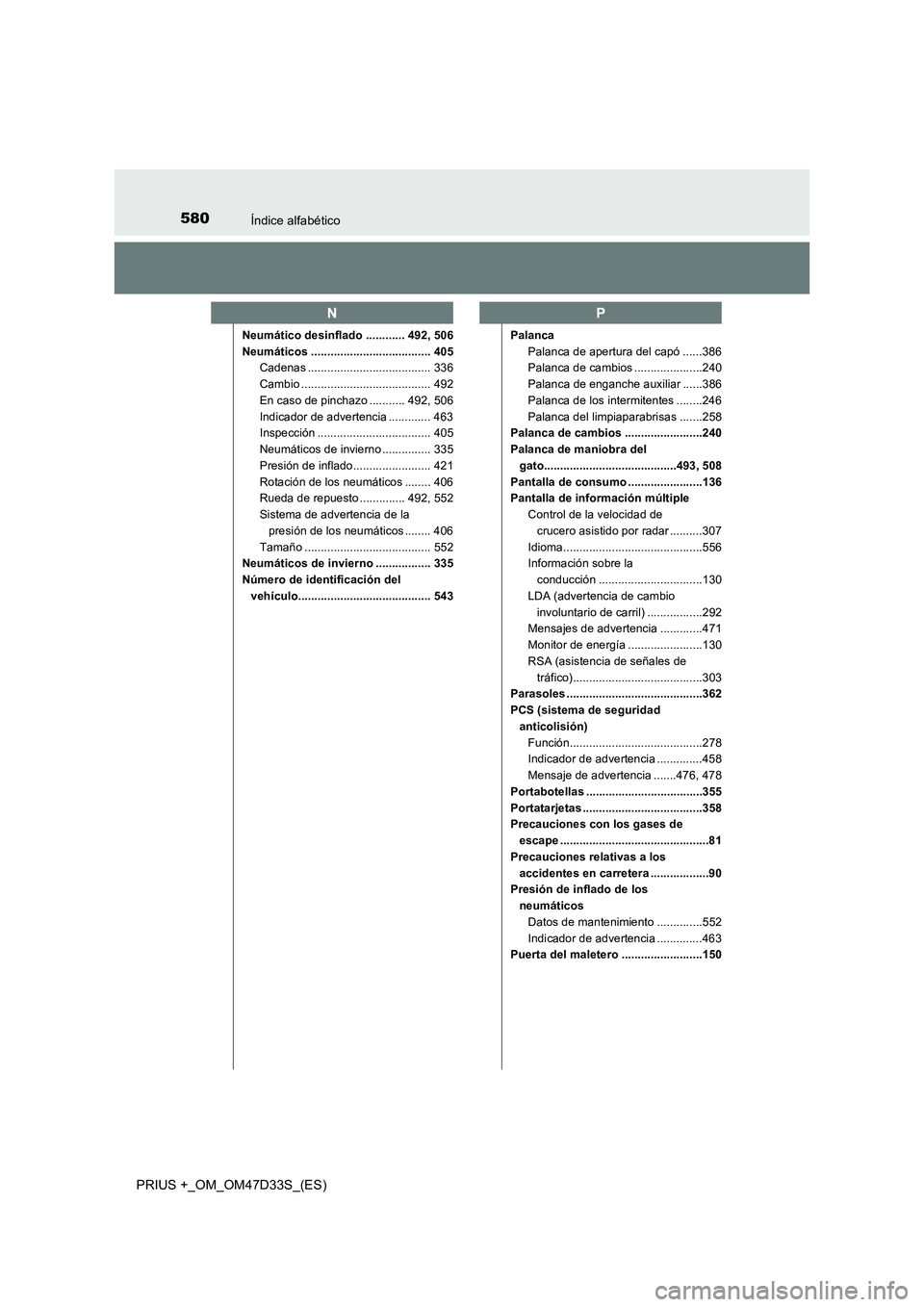 TOYOTA PRIUS PLUS 2019 Manual del propietario (in Spanish) 580Índice alfabético
PRIUS +_OM_OM47D33S_(ES)
Neumático desinflado ............ 492, 506
Neumáticos ..................................... 405
Cadenas ...................................... 336
Cam TOYOTA PRIUS PLUS 2019 Manual del propietario (in Spanish) 580Índice alfabético
PRIUS +_OM_OM47D33S_(ES)
Neumático desinflado ............ 492, 506
Neumáticos ..................................... 405
Cadenas ...................................... 336
Cam