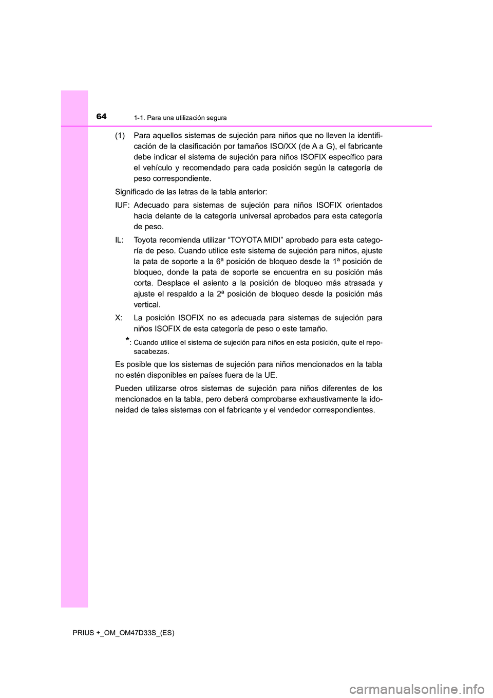 TOYOTA PRIUS PLUS 2019 Manual del propietario (in Spanish) 641-1. Para una utilización segura
PRIUS +_OM_OM47D33S_(ES)
(1) Para aquellos sistemas de sujeción para niños que no lleven la identifi-
cación de la clasificación por tamaños ISO/XX (de A a G) TOYOTA PRIUS PLUS 2019 Manual del propietario (in Spanish) 641-1. Para una utilización segura
PRIUS +_OM_OM47D33S_(ES)
(1) Para aquellos sistemas de sujeción para niños que no lleven la identifi-
cación de la clasificación por tamaños ISO/XX (de A a G)