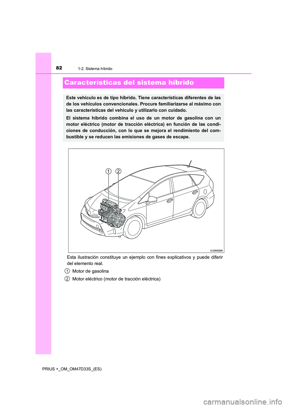 TOYOTA PRIUS PLUS 2019  Manual del propietario (in Spanish) 821-2. Sistema híbrido
PRIUS +_OM_OM47D33S_(ES)
Características del sistema híbrido
Esta ilustración constituye un ejemplo con fines explicativos y puede diferir 
del elemento real. 
Motor de gaso