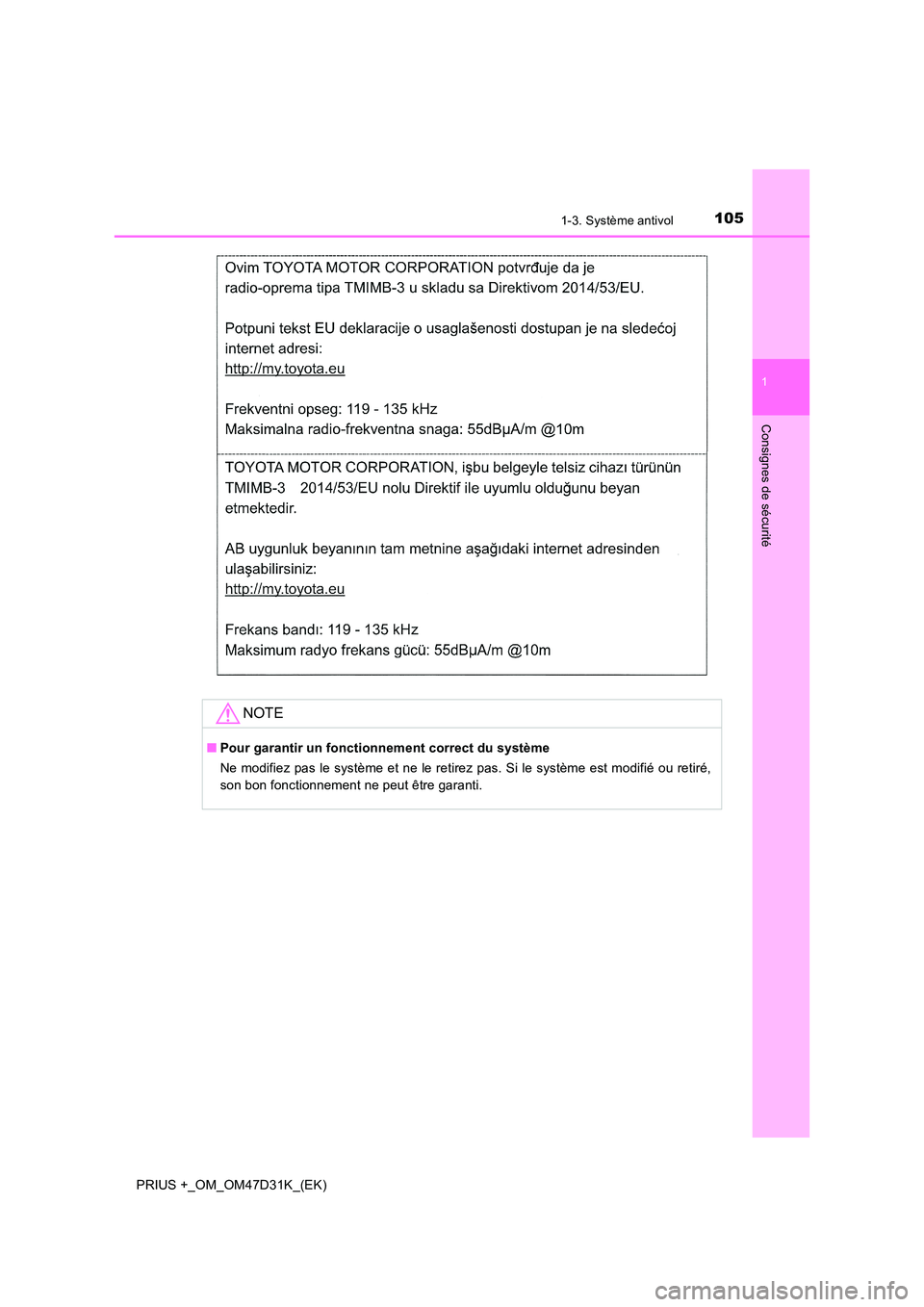 TOYOTA PRIUS PLUS 2019  Manuel du propriétaire (in French) 1051-3. Système antivol
1
PRIUS +_OM_OM47D31K_(EK)
Consignes de sécurité
NOTE
■Pour garantir un fonctionnement correct du système 
Ne modifiez pas le système et ne le retirez pas. Si le systèm