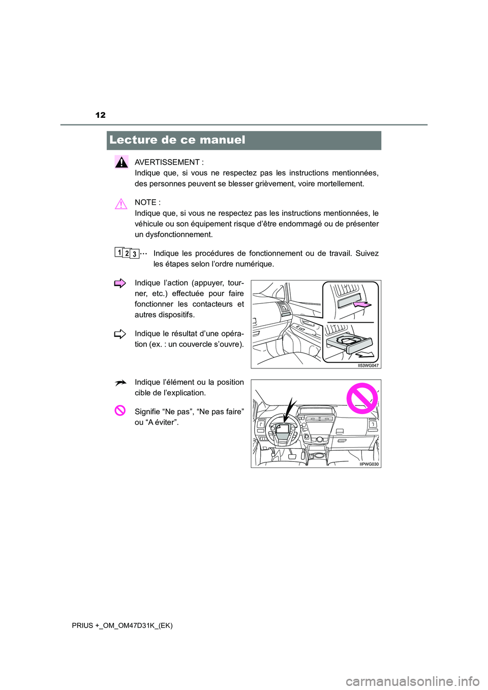 TOYOTA PRIUS PLUS 2019 Manuel du propriétaire (in French) 12
PRIUS +_OM_OM47D31K_(EK)
Lecture de ce manuel
AVERTISSEMENT :
Indique que, si vous ne respectez pas les instructions mentionnées,
des personnes peuvent se blesser grièvement, voire mortellement. TOYOTA PRIUS PLUS 2019 Manuel du propriétaire (in French) 12
PRIUS +_OM_OM47D31K_(EK)
Lecture de ce manuel
AVERTISSEMENT :
Indique que, si vous ne respectez pas les instructions mentionnées,
des personnes peuvent se blesser grièvement, voire mortellement.