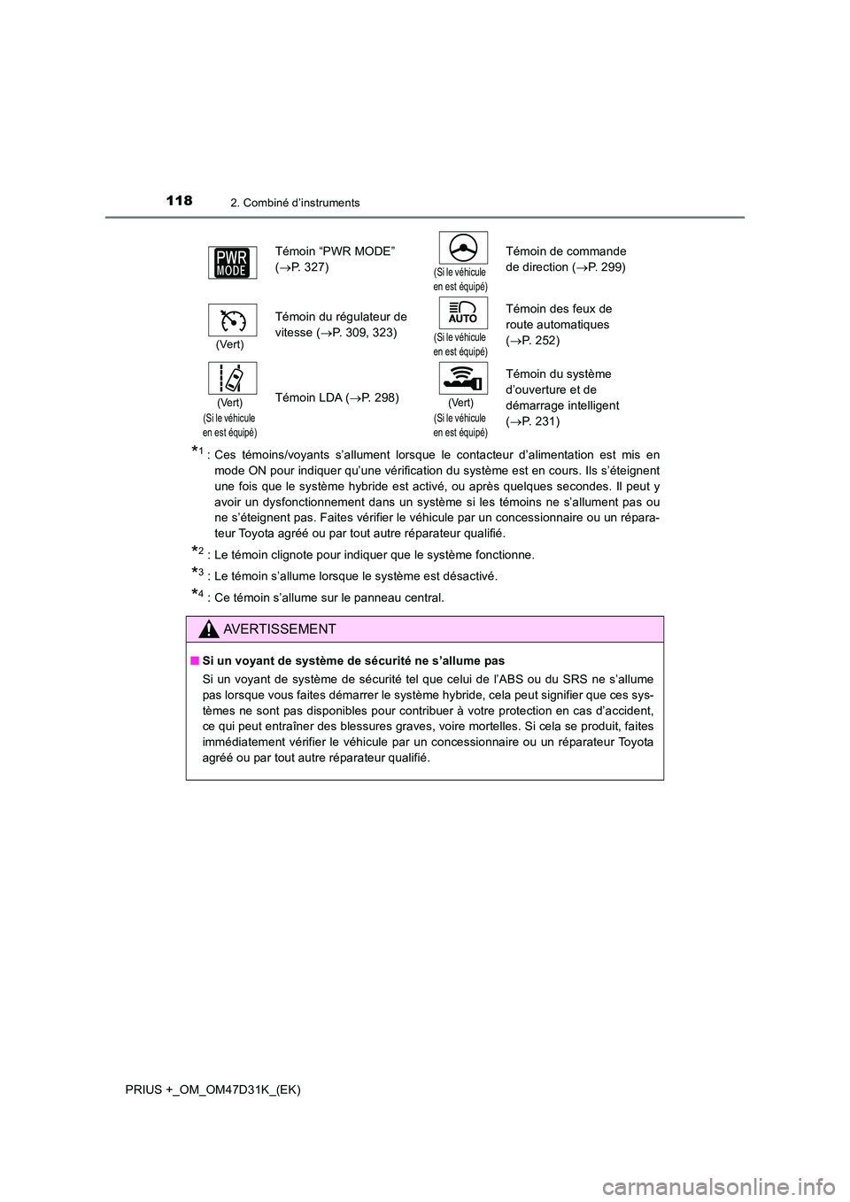 TOYOTA PRIUS PLUS 2019  Manuel du propriétaire (in French) 1182. Combiné d’instruments
PRIUS +_OM_OM47D31K_(EK)
*1: Ces témoins/voyants s’allument lorsque le contacteur d’alimentation est mis en 
mode ON pour indiquer qu’une vérification du systèm