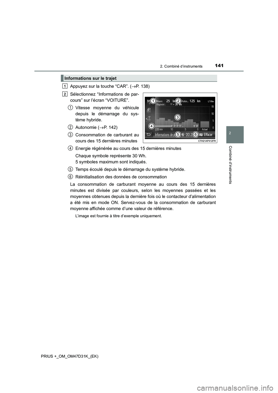 TOYOTA PRIUS PLUS 2019 Manuel du propriétaire (in French) 1412. Combiné d’instruments
2
Combiné d’instruments
PRIUS +_OM_OM47D31K_(EK)
Appuyez sur la touche “CAR”. (P. 138)
Sélectionnez “Informations de par-
cours” sur l’écran “VOITURE TOYOTA PRIUS PLUS 2019 Manuel du propriétaire (in French) 1412. Combiné d’instruments
2
Combiné d’instruments
PRIUS +_OM_OM47D31K_(EK)
Appuyez sur la touche “CAR”. (P. 138)
Sélectionnez “Informations de par-
cours” sur l’écran “VOITURE