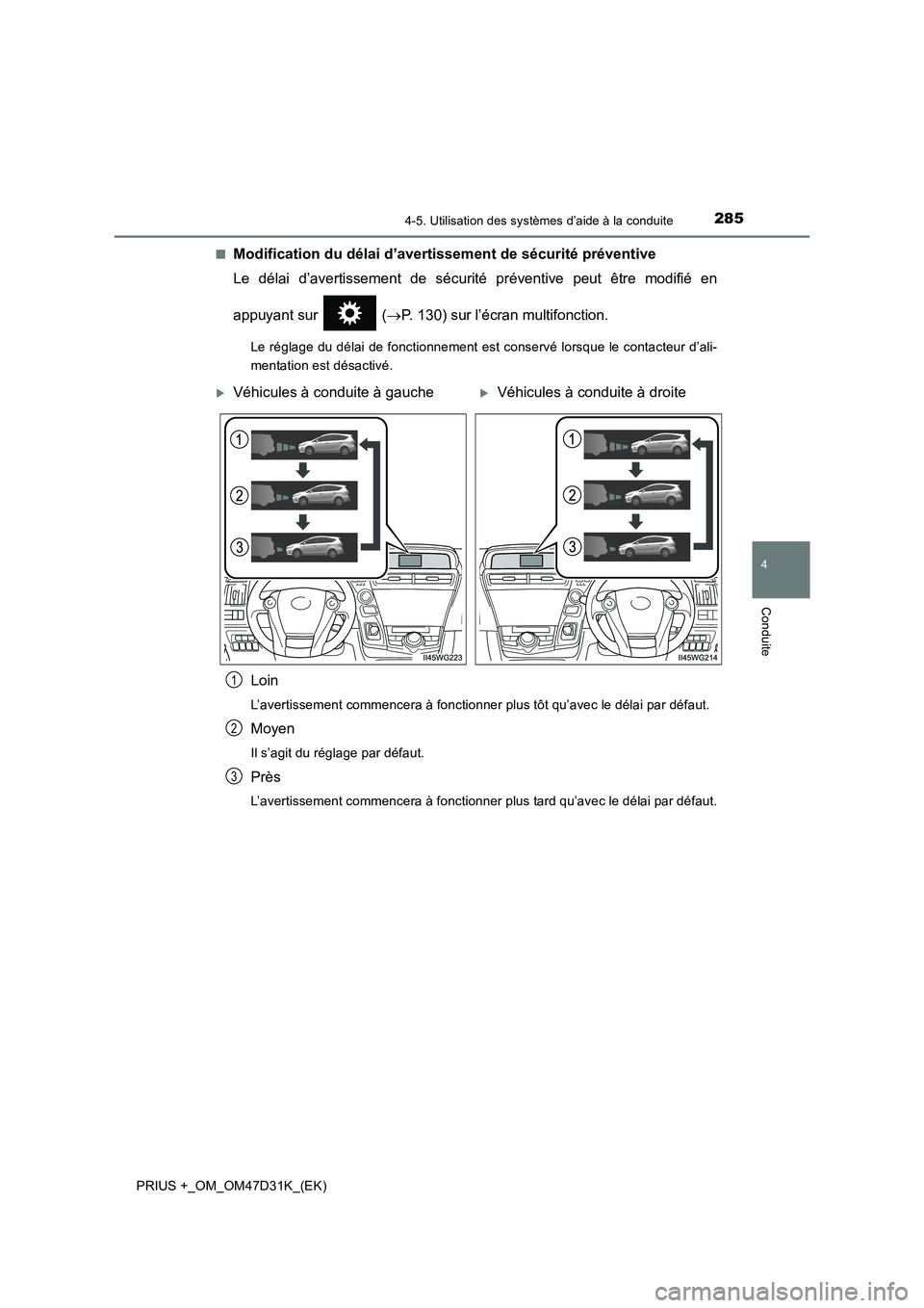 TOYOTA PRIUS PLUS 2019 Manuel du propriétaire (in French) 2854-5. Utilisation des systèmes d’aide à la conduite
4
Conduite
PRIUS +_OM_OM47D31K_(EK)■
Modification du délai d’avertissement de sécurité préventive
Le délai d’avertissement de sécu TOYOTA PRIUS PLUS 2019 Manuel du propriétaire (in French) 2854-5. Utilisation des systèmes d’aide à la conduite
4
Conduite
PRIUS +_OM_OM47D31K_(EK)■
Modification du délai d’avertissement de sécurité préventive
Le délai d’avertissement de sécu
