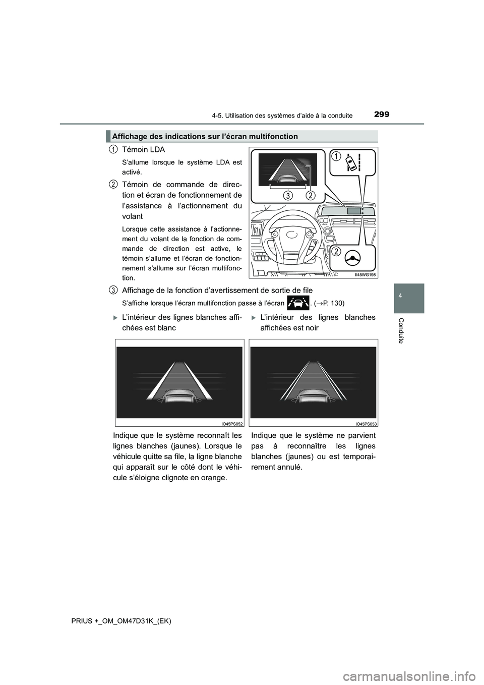 TOYOTA PRIUS PLUS 2019  Manuel du propriétaire (in French) 2994-5. Utilisation des systèmes d’aide à la conduite
4
Conduite
PRIUS +_OM_OM47D31K_(EK)
Témoin LDA
S’allume lorsque le système LDA est
activé.
Témoin de commande de direc-
tion et écran d
