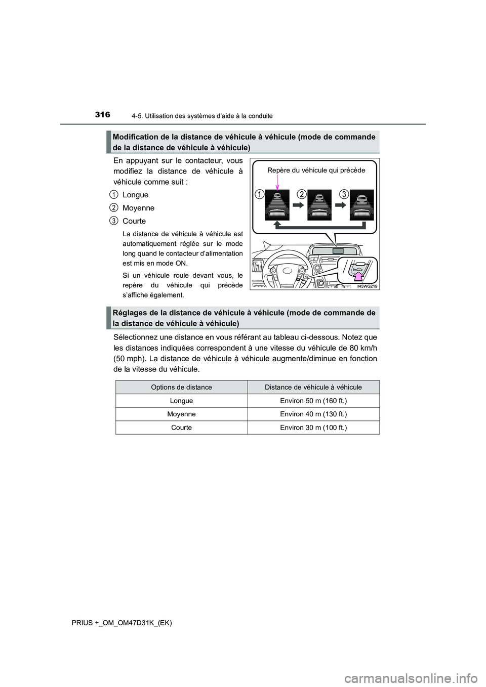 TOYOTA PRIUS PLUS 2019 Manuel du propriétaire (in French) 3164-5. Utilisation des systèmes d’aide à la conduite
PRIUS +_OM_OM47D31K_(EK)
En appuyant sur le contacteur, vous
modifiez la distance de véhicule à
véhicule comme suit :
Longue
Moyenne
Co TOYOTA PRIUS PLUS 2019 Manuel du propriétaire (in French) 3164-5. Utilisation des systèmes d’aide à la conduite
PRIUS +_OM_OM47D31K_(EK)
En appuyant sur le contacteur, vous
modifiez la distance de véhicule à
véhicule comme suit :
Longue
Moyenne
Co