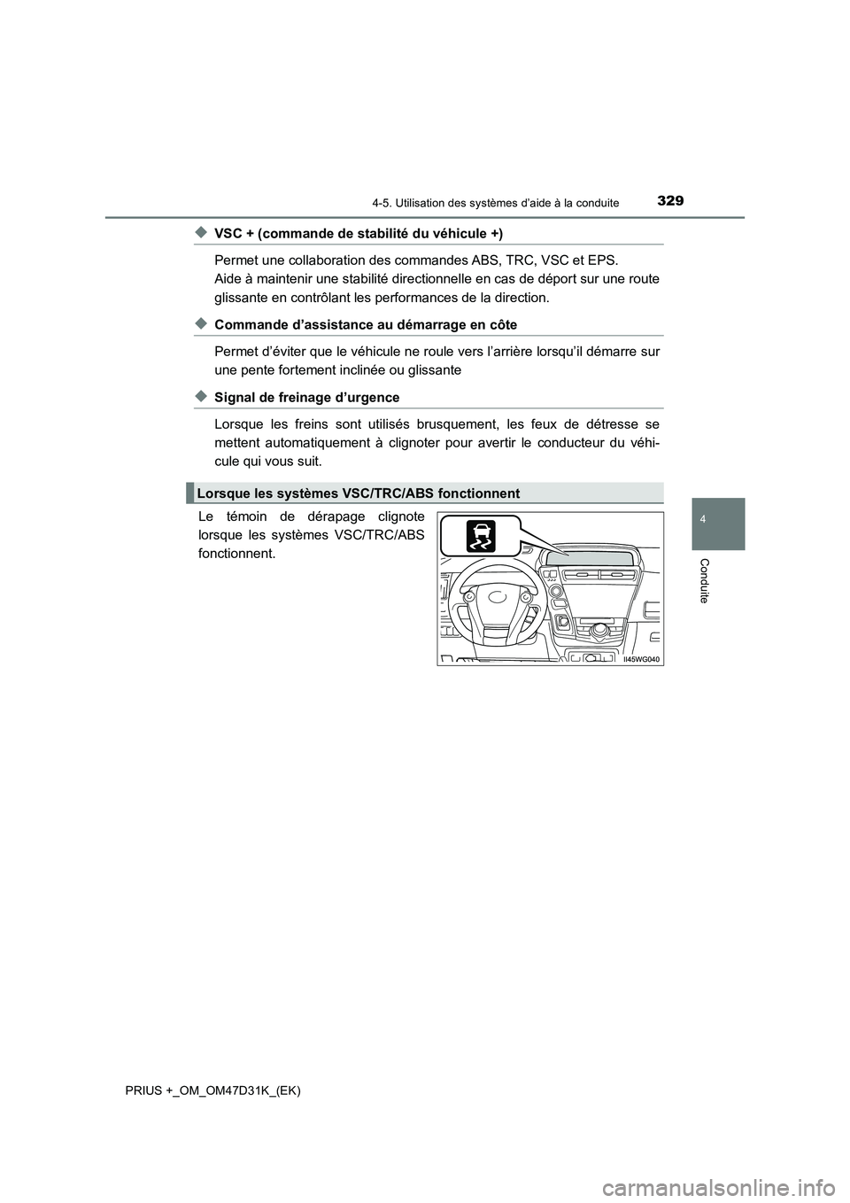 TOYOTA PRIUS PLUS 2019 Manuel du propriétaire (in French) 3294-5. Utilisation des systèmes d’aide à la conduite
4
Conduite
PRIUS +_OM_OM47D31K_(EK)
◆VSC + (commande de stabilité du véhicule +)
Permet une collaboration des commandes ABS, TRC, VSC et E TOYOTA PRIUS PLUS 2019 Manuel du propriétaire (in French) 3294-5. Utilisation des systèmes d’aide à la conduite
4
Conduite
PRIUS +_OM_OM47D31K_(EK)
◆VSC + (commande de stabilité du véhicule +)
Permet une collaboration des commandes ABS, TRC, VSC et E