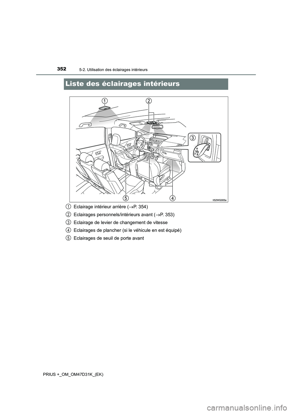 TOYOTA PRIUS PLUS 2019  Manuel du propriétaire (in French) 3525-2. Utilisation des éclairages intérieurs
PRIUS +_OM_OM47D31K_(EK)
Liste des éclairages intérieurs
Eclairage intérieur arrière (P. 354) 
Eclairages personnels/intérieurs avant ( P. 35